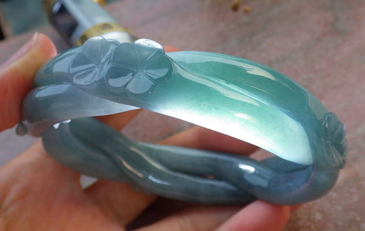 Certified Icy Green Burma 100% Natural A JADE Jadeite Flower Knotted Bangle Bracelet 63 mm 637216  TN