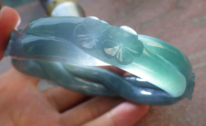 Certified Icy Green Burma 100% Natural A JADE Jadeite Flower Knotted Bangle Bracelet 63 mm 637216  TN
