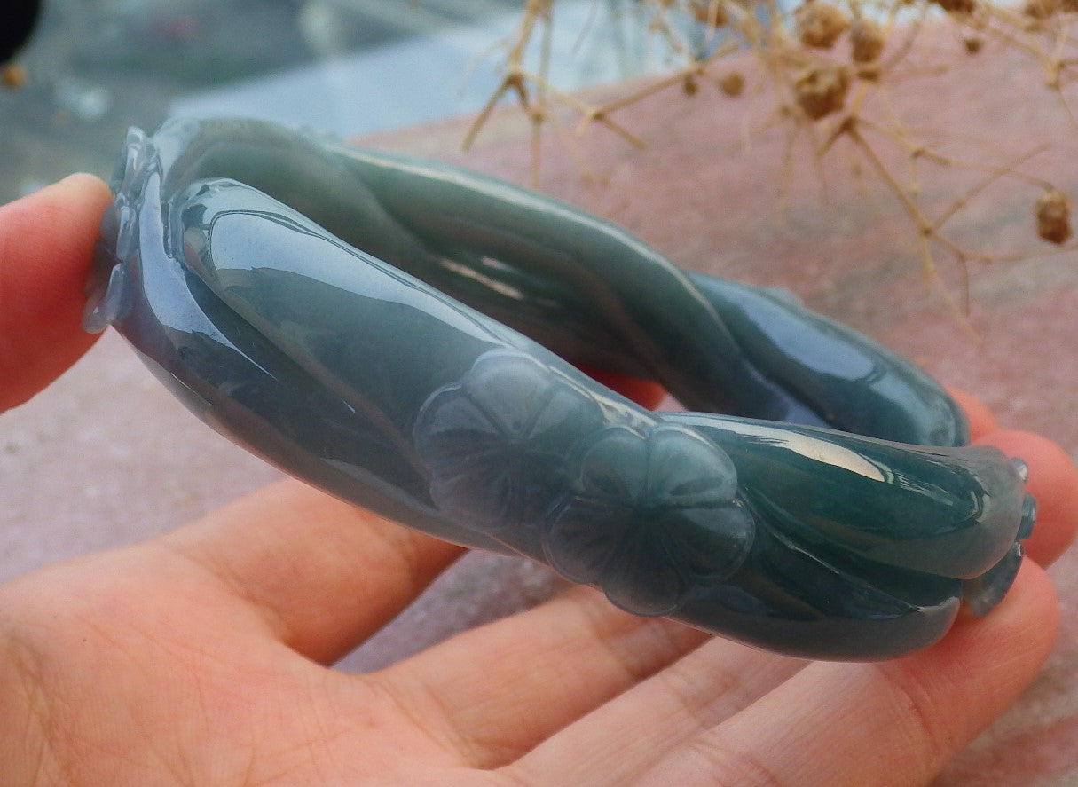 Certified Icy Green Burma 100% Natural A JADE Jadeite Flower Knotted Bangle Bracelet 63 mm 637216  TN