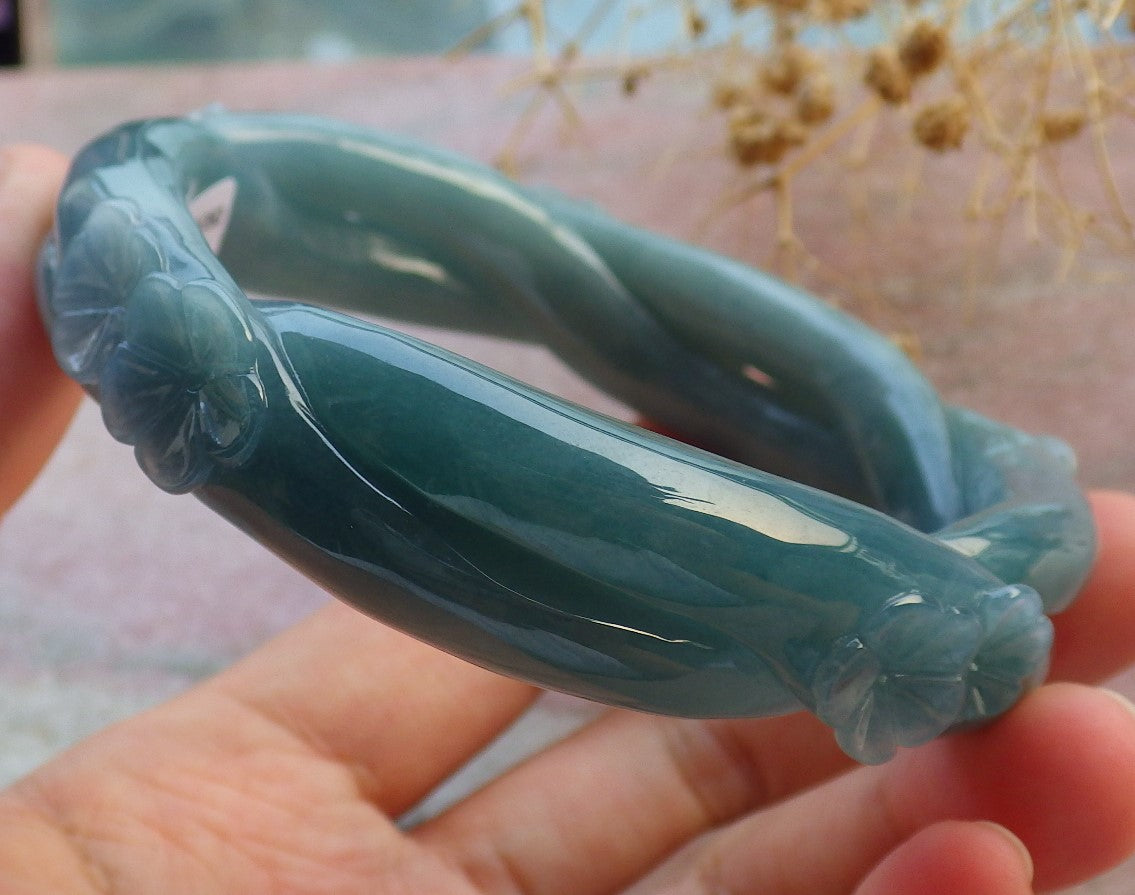 Certified Icy Green Burma 100% Natural A JADE Jadeite Flower Knotted Bangle Bracelet 63 mm 637216  TN