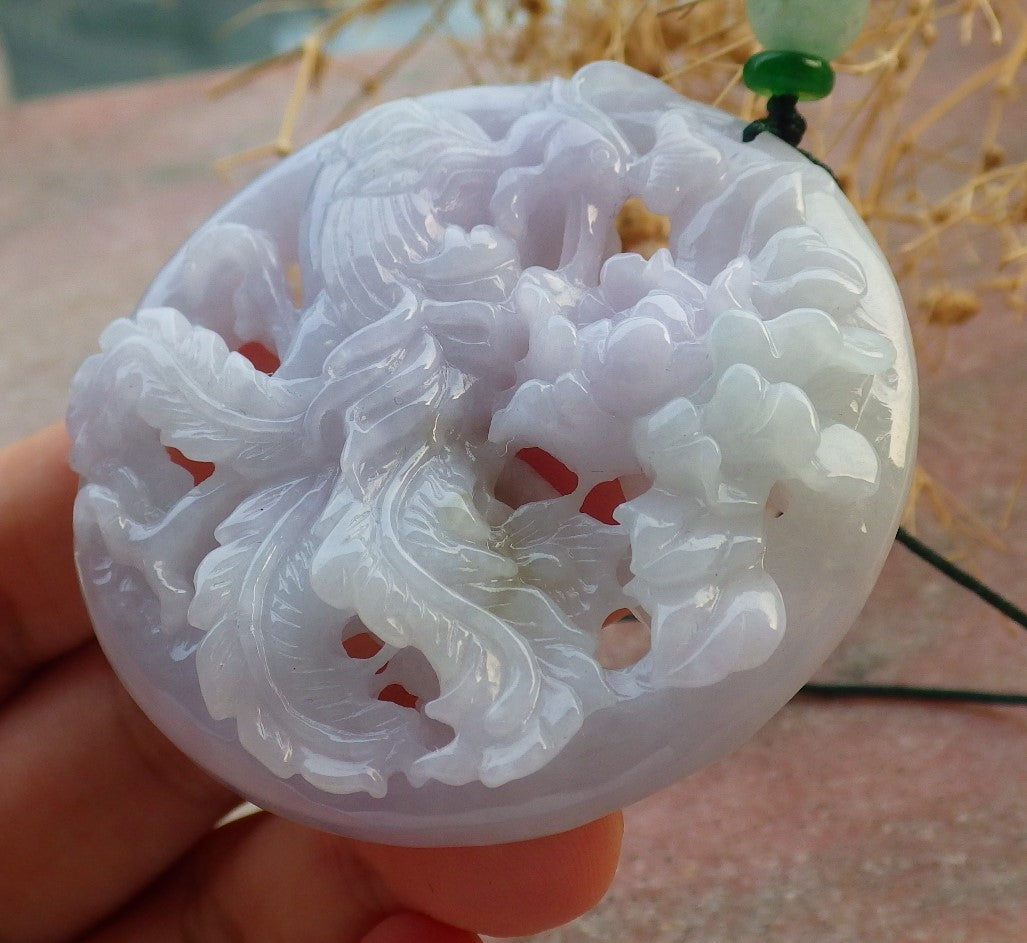 Certified Lavende Green Burma 100% Natural A Jade jadeite Pendant Phoenix Flower Necklace 凤凰 637297  TN