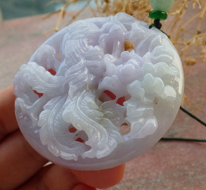 Certified Lavende Green Burma 100% Natural A Jade jadeite Pendant Phoenix Flower Necklace 凤凰 637297  TN