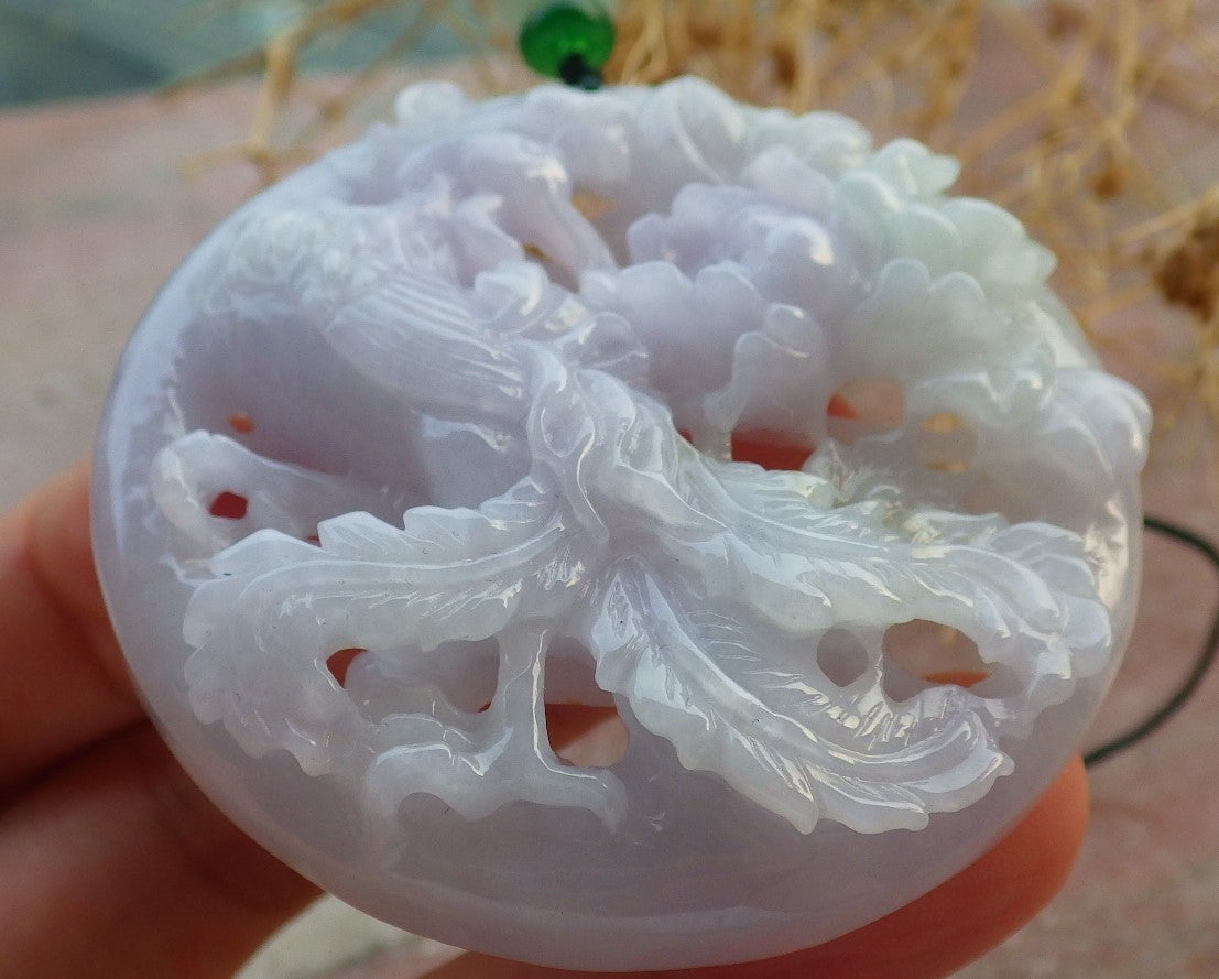 Certified Lavende Green Burma 100% Natural A Jade jadeite Pendant Phoenix Flower Necklace 凤凰 637297  TN