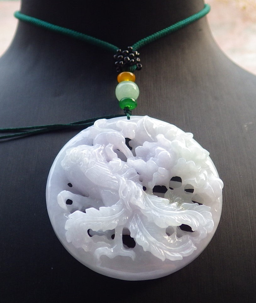 Certified Lavende Green Burma 100% Natural A Jade jadeite Pendant Phoenix Flower Necklace 凤凰 637297  TN
