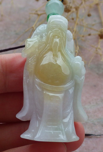 Certified Yellow Green Burma 100% Natural A Jade jadeite Pendant Money God Yuan Bao Ruyi Necklace 财神 637380  TN