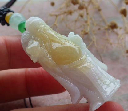 Certified Yellow Green Burma 100% Natural A Jade jadeite Pendant Money God Yuan Bao Ruyi Necklace 财神 637380  TN
