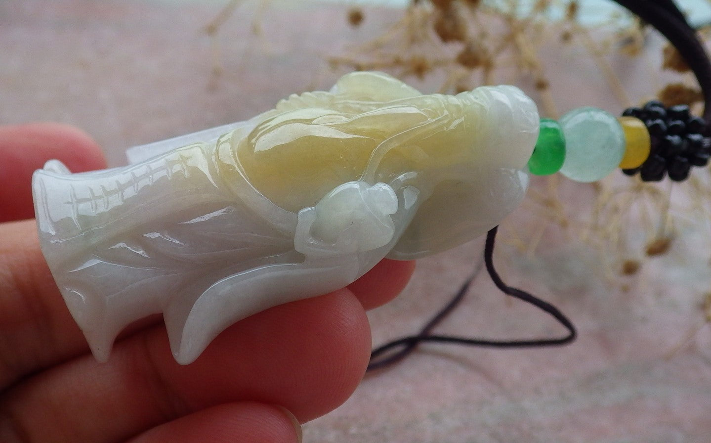 Certified Yellow Green Burma 100% Natural A Jade jadeite Pendant Money God Yuan Bao Ruyi Necklace 财神 637380  TN