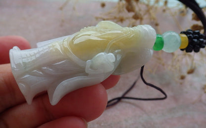 Certified Yellow Green Burma 100% Natural A Jade jadeite Pendant Money God Yuan Bao Ruyi Necklace 财神 637380  TN