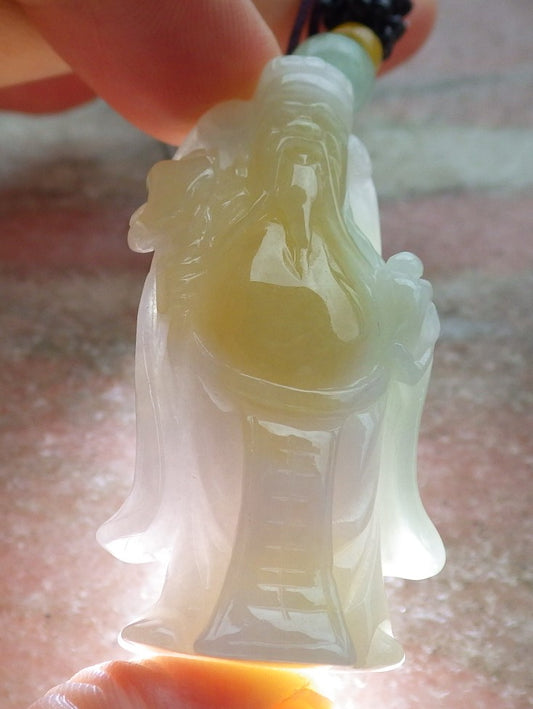 Certified Yellow Green Burma 100% Natural A Jade jadeite Pendant Money God Yuan Bao Ruyi Necklace 财神 637380  TN