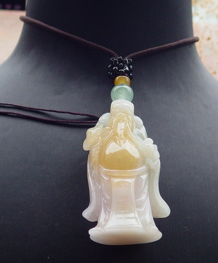 Certified Yellow Green Burma 100% Natural A Jade jadeite Pendant Money God Yuan Bao Ruyi Necklace 财神 637380  TN