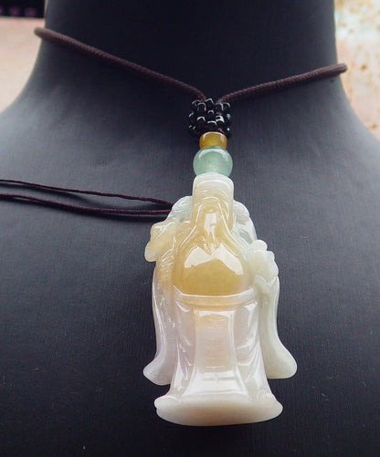 Certified Yellow Green Burma 100% Natural A Jade jadeite Pendant Money God Yuan Bao Ruyi Necklace 财神 637380  TN