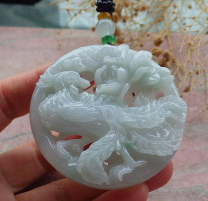 Atestita Verda Birmo 100% Natura A Jadejadeita Pendanta Fenikso-Flora Koliero 凤凰 637415 TN