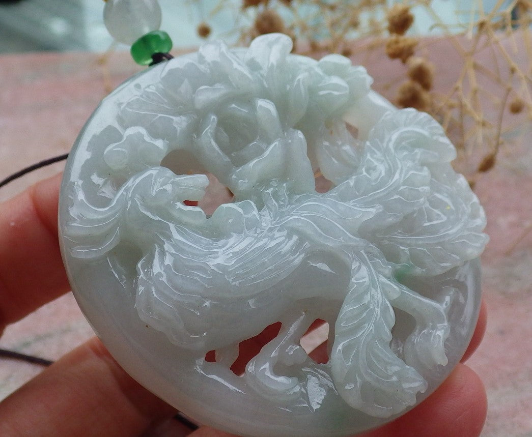 Atestita Verda Birmo 100% Natura A Jadejadeita Pendanta Fenikso-Flora Koliero 凤凰 637415 TN