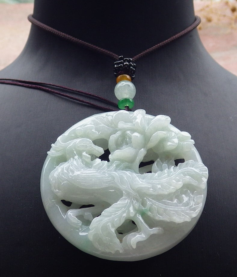 Atestita Verda Birmo 100% Natura A Jadejadeita Pendanta Fenikso-Flora Koliero 凤凰 637415 TN