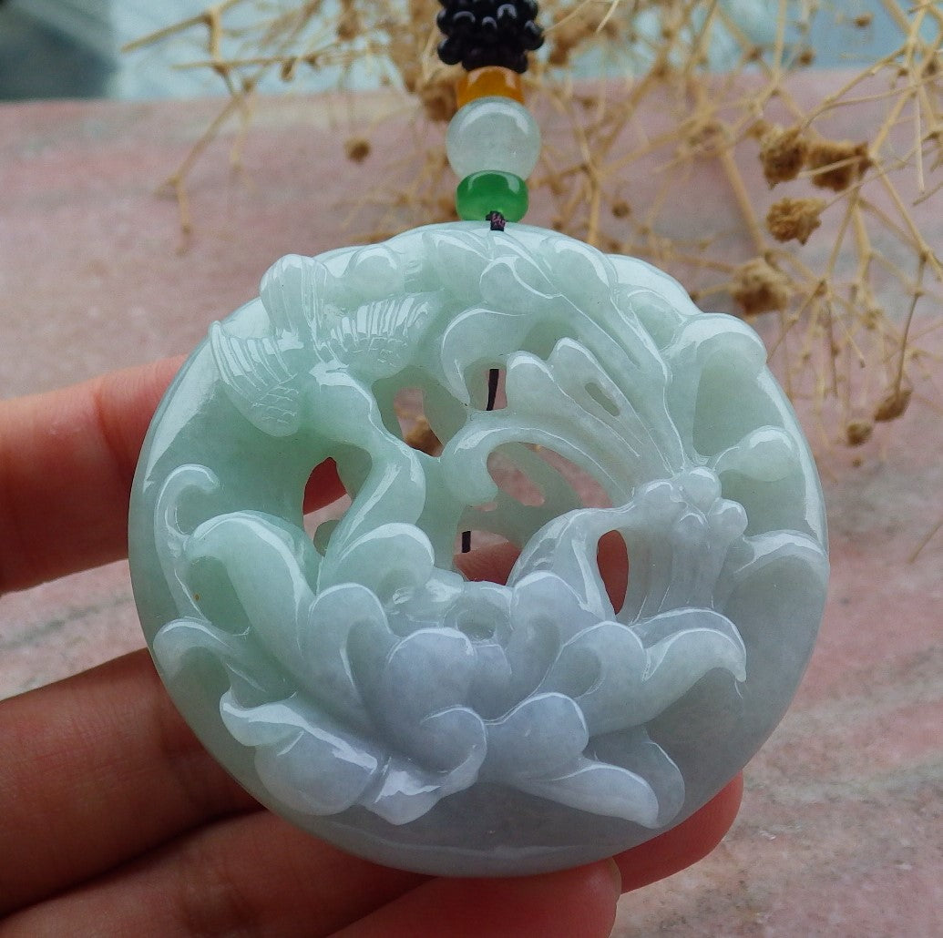 Atestita Verda Pala Lavenda Birmo 100% Natura A Jadejadeita Pendilo Fenikso Birda Flora Koliero 鸟语花香 637468 TN