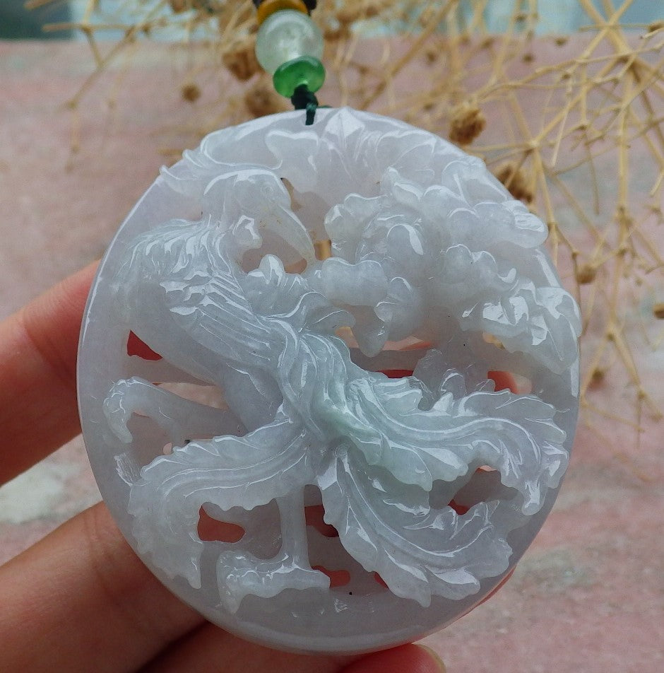 Atestita Verda Pala Lavenda Birmo 100% Natura A Jadejadeita Pendanta Fenikso-Flora Koliero 凤凰 637477 TN