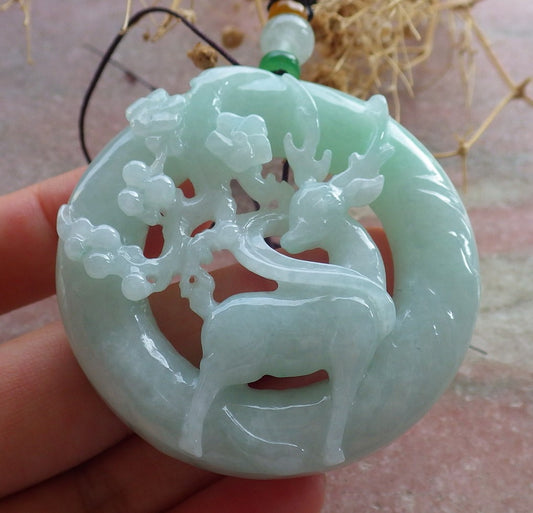 Certified Green Burma 100% Natural A Jade jadeite Pendant Deer Flower Circle Necklace 梅花鹿 637521  TN