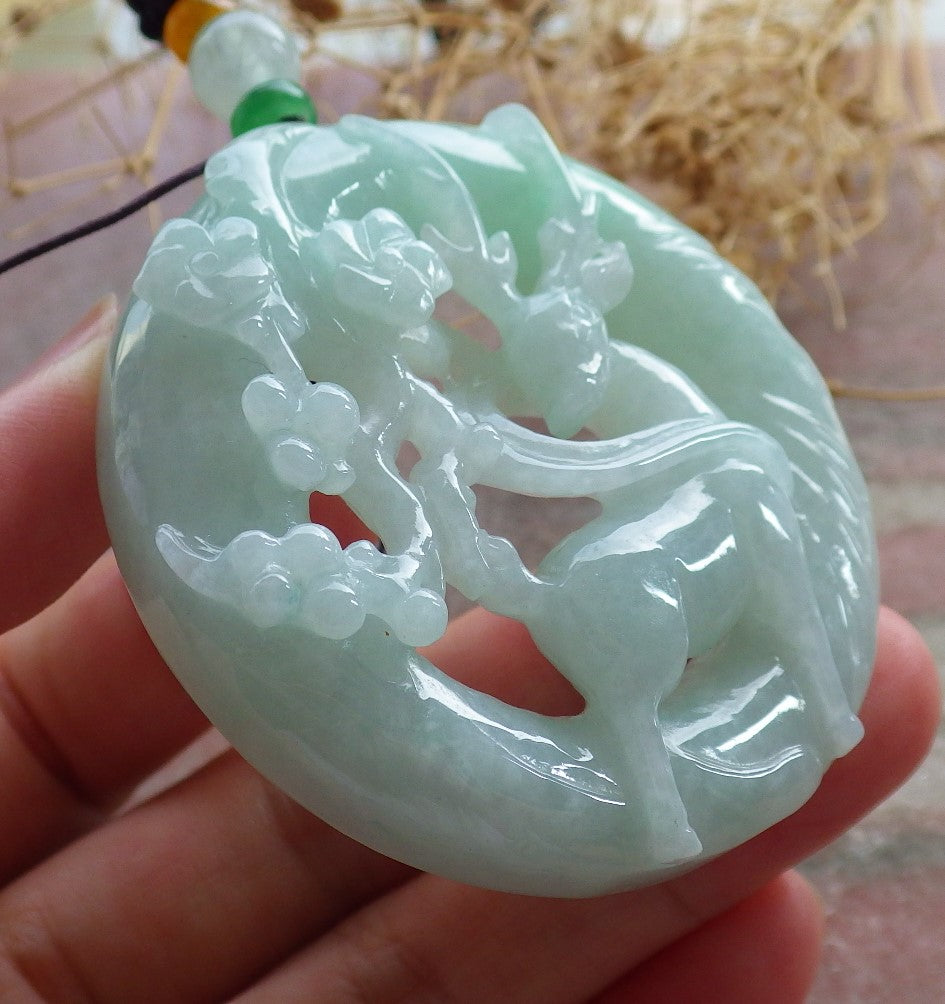 Certified Green Burma 100% Natural A Jade jadeite Pendant Deer Flower Circle Necklace 梅花鹿 637521  TN