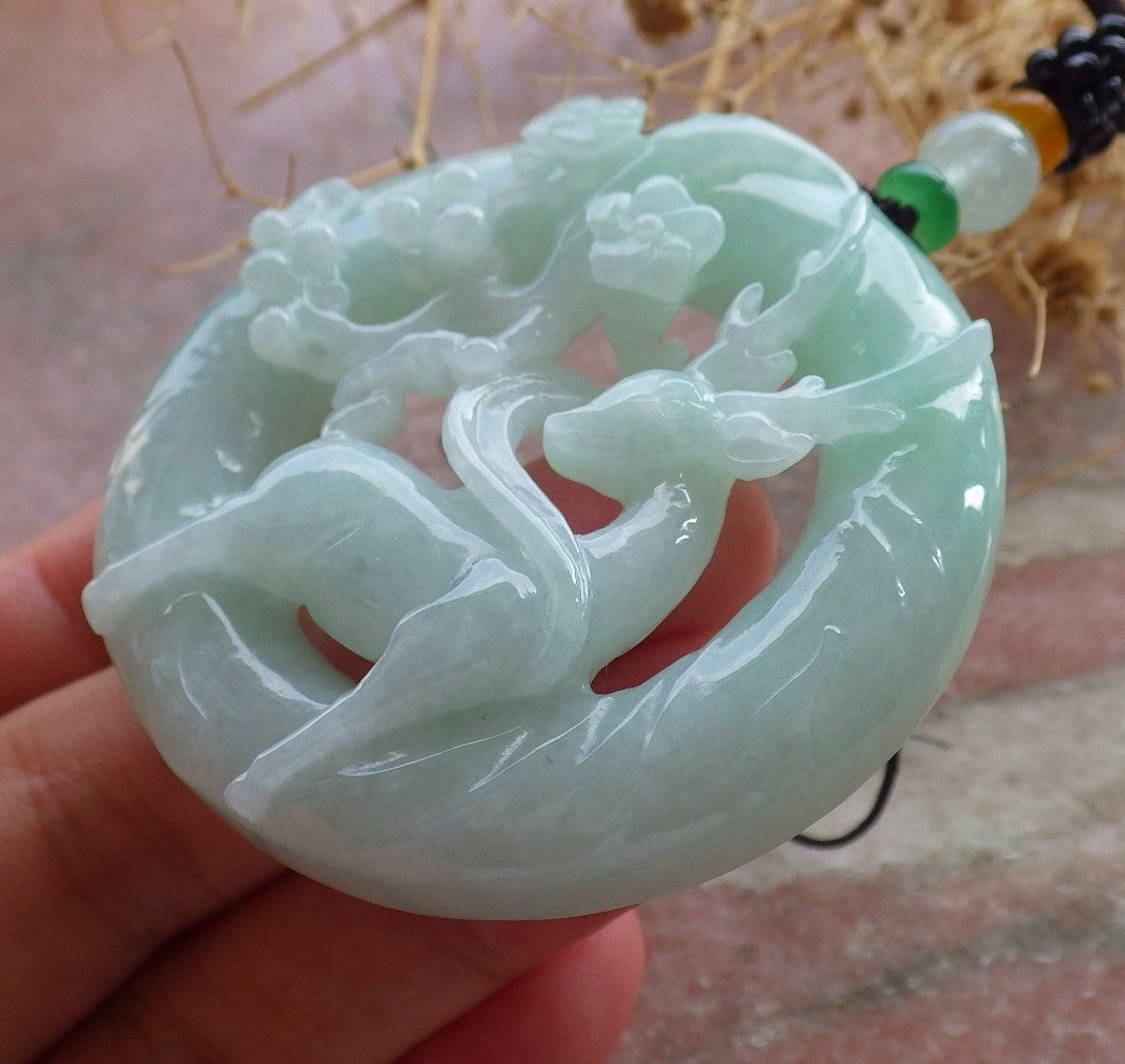 Certified Green Burma 100% Natural A Jade jadeite Pendant Deer Flower Circle Necklace 梅花鹿 637521  TN