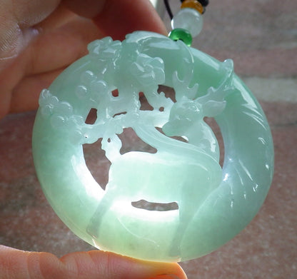 Certified Green Burma 100% Natural A Jade jadeite Pendant Deer Flower Circle Necklace 梅花鹿 637521  TN