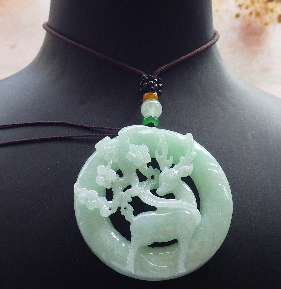 Certified Green Burma 100% Natural A Jade jadeite Pendant Deer Flower Circle Necklace 梅花鹿 637521  TN