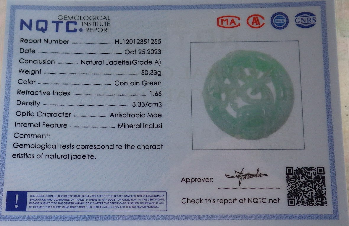 Certified Green Burma 100% Natural A Jade jadeite Pendant Deer Flower Circle Necklace 梅花鹿 637521  TN