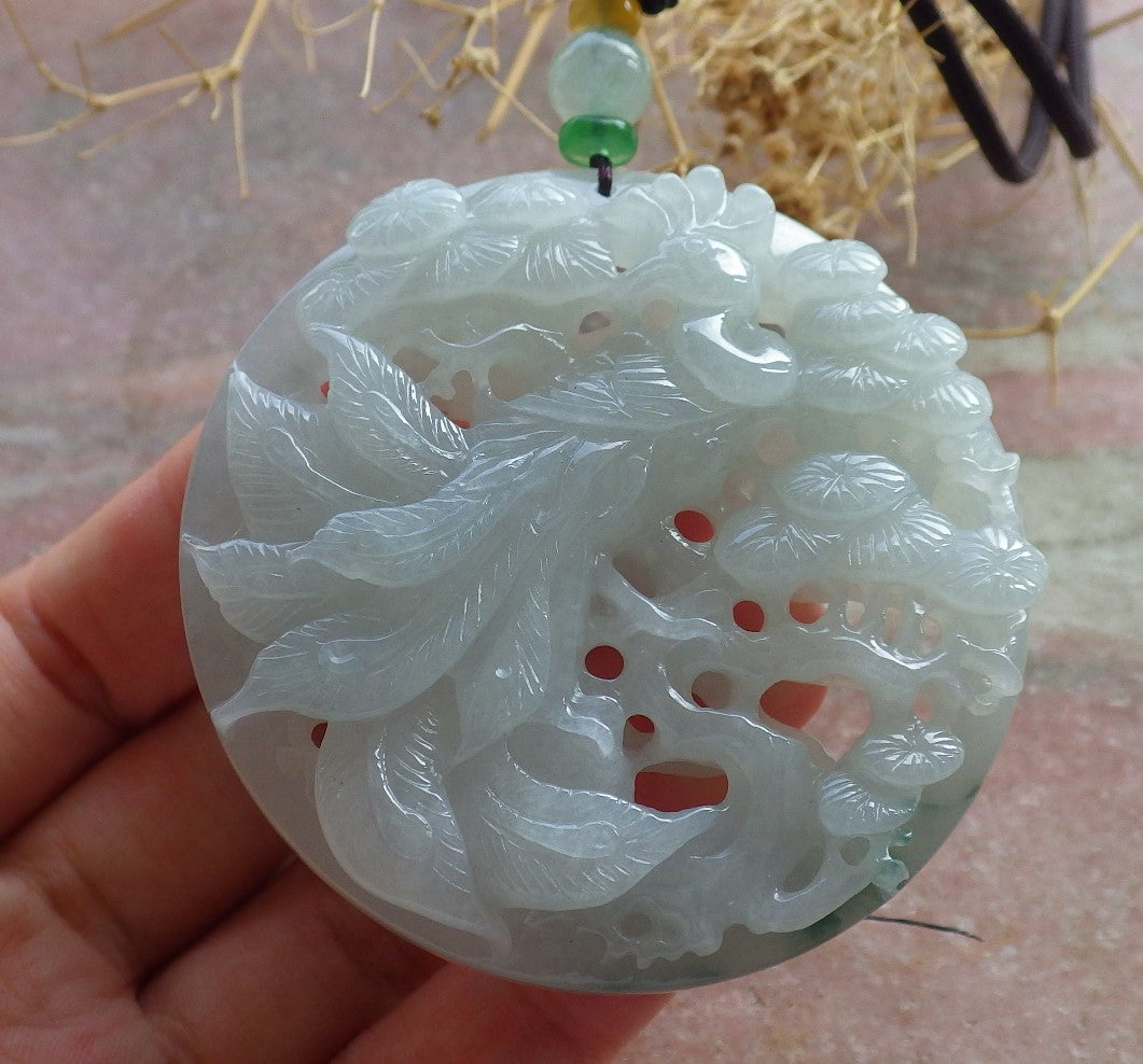Certified Green Burma 100% Natural A Jade jadeite Pendant Peacock Phoenix Teer Necklace 孔雀 凤凰 637530  TN
