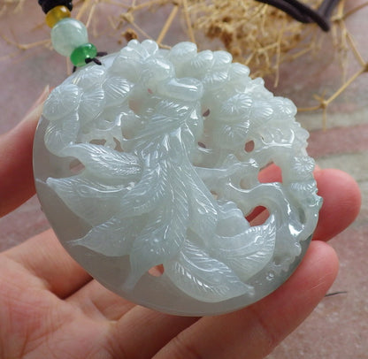 Certified Green Burma 100% Natural A Jade jadeite Pendant Peacock Phoenix Teer Necklace 孔雀 凤凰 637530  TN