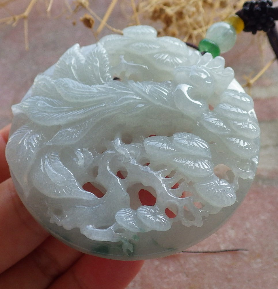 Certified Green Burma 100% Natural A Jade jadeite Pendant Peacock Phoenix Teer Necklace 孔雀 凤凰 637530  TN