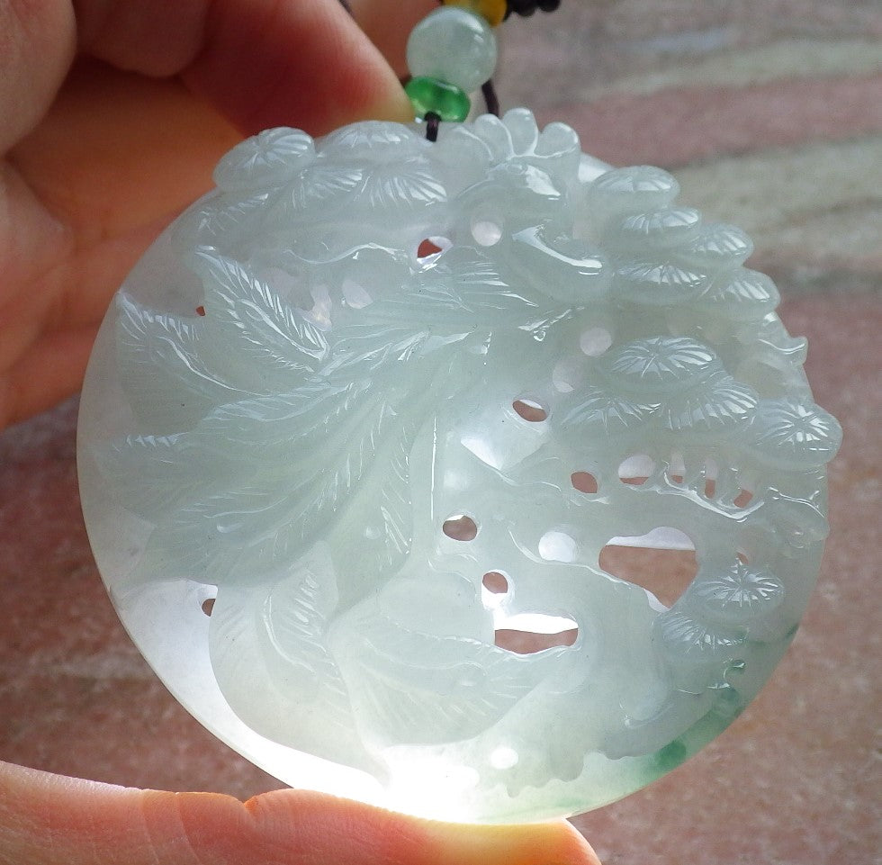 Certified Green Burma 100% Natural A Jade jadeite Pendant Peacock Phoenix Teer Necklace 孔雀 凤凰 637530  TN