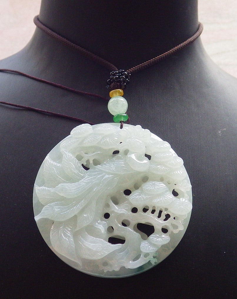 Certified Green Burma 100% Natural A Jade jadeite Pendant Peacock Phoenix Teer Necklace 孔雀 凤凰 637530  TN