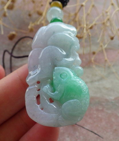 Certified Green Burma 100% Natural A Jade jadeite Pendant Frog Toad Lotus Leaf Coin Necklace 招财蟾 637560  TN
