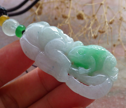 Certified Green Burma 100% Natural A Jade jadeite Pendant Frog Toad Lotus Leaf Coin Necklace 招财蟾 637560  TN