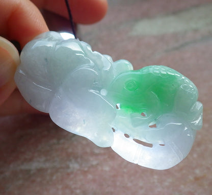 Certified Green Burma 100% Natural A Jade jadeite Pendant Frog Toad Lotus Leaf Coin Necklace 招财蟾 637560  TN