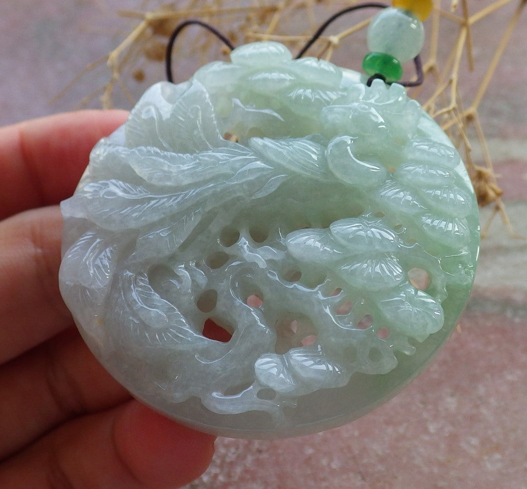 Certified Green Burma 100% Natural A Jade jadeite Pendant Peacock Phoenix Teer Necklace 孔雀 凤凰 637596  TN