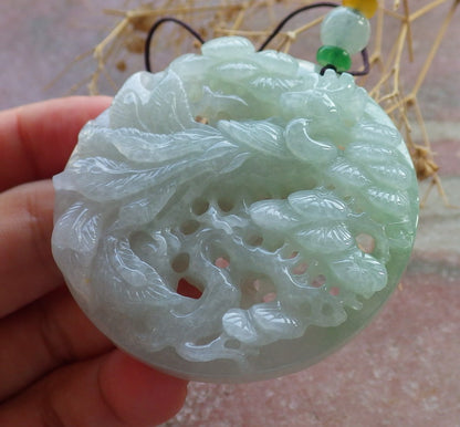 Certified Green Burma 100% Natural A Jade jadeite Pendant Peacock Phoenix Teer Necklace 孔雀 凤凰 637596  TN