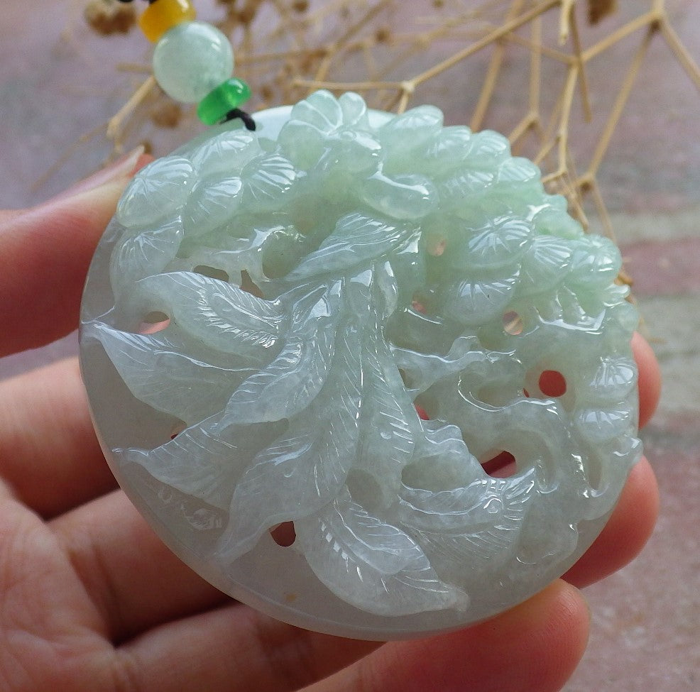 Certified Green Burma 100% Natural A Jade jadeite Pendant Peacock Phoenix Teer Necklace 孔雀 凤凰 637596  TN