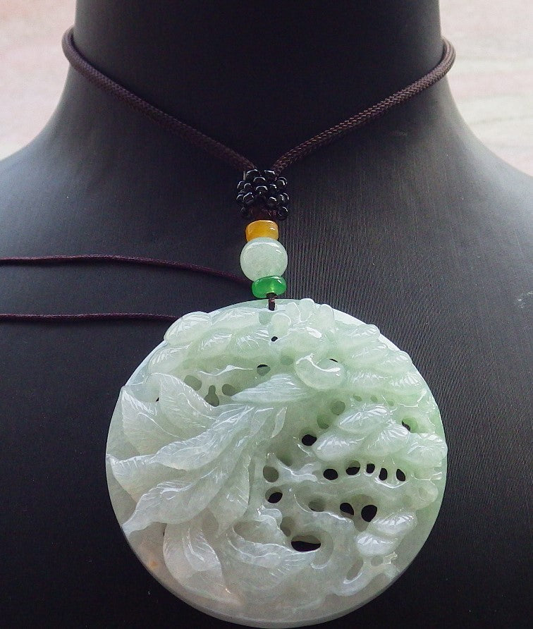 Certified Green Burma 100% Natural A Jade jadeite Pendant Peacock Phoenix Teer Necklace 孔雀 凤凰 637596  TN