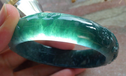 Certified Icy Green Burma 100% Natural A JADE Jadeite Butterfly Flower Bangle Bracelet 56 mm 手镯 637709  AS
