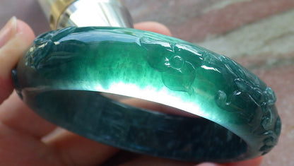 Certified Icy Green Burma 100% Natural A JADE Jadeite Butterfly Flower Bangle Bracelet 56 mm 手镯 637709  AS