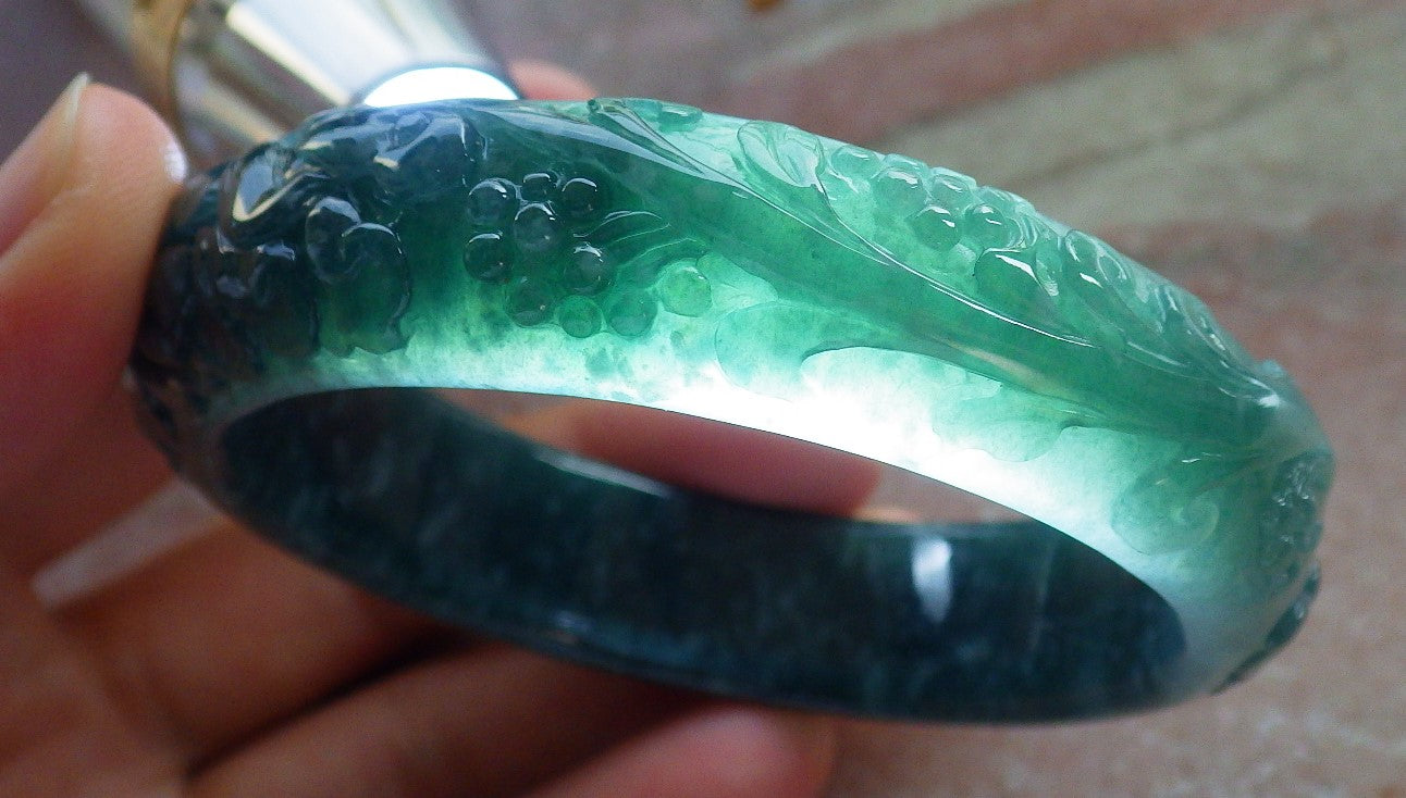 Certified Icy Green Burma 100% Natural A JADE Jadeite Butterfly Flower Bangle Bracelet 56 mm 手镯 637709  AS
