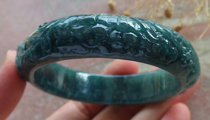 Certified Icy Green Burma 100% Natural A JADE Jadeite Butterfly Flower Bangle Bracelet 56 mm 手镯 637709  AS