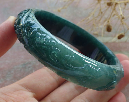 Certified Icy Green Burma 100% Natural A JADE Jadeite Butterfly Flower Bangle Bracelet 56 mm 手镯 637709  AS