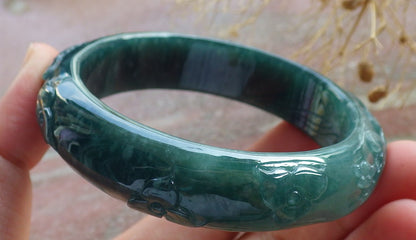 Certified Icy Green Burma 100% Natural A JADE Jadeite Butterfly Flower Bangle Bracelet 56 mm 手镯 637709  AS