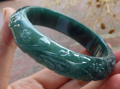 Certified Icy Green Burma 100% Natural A JADE Jadeite Butterfly Flower Bangle Bracelet 56 mm 手镯 637709  AS