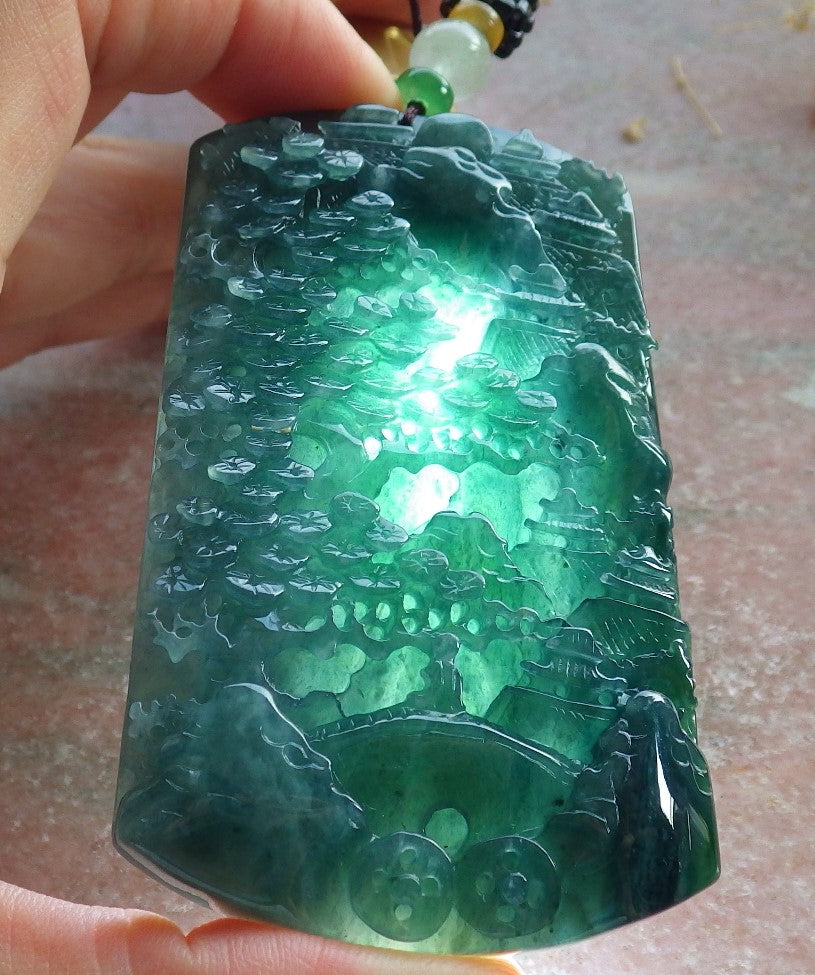 Atestita Glacia Blua Akvo Birmo 100% Natura A Jadejadeito Pendilo Pejzaĝa Pentrado Arba Koliero 山水画 637800 TN