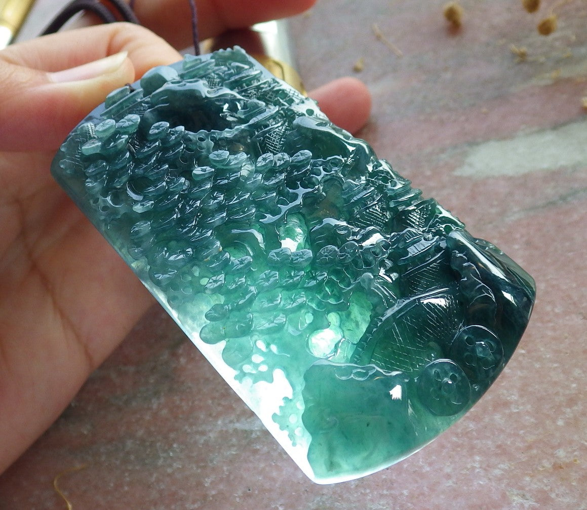 Atestita Glacia Blua Akvo Birmo 100% Natura A Jadejadeito Pendilo Pejzaĝa Pentrado Arba Koliero 山水画 637800 TN