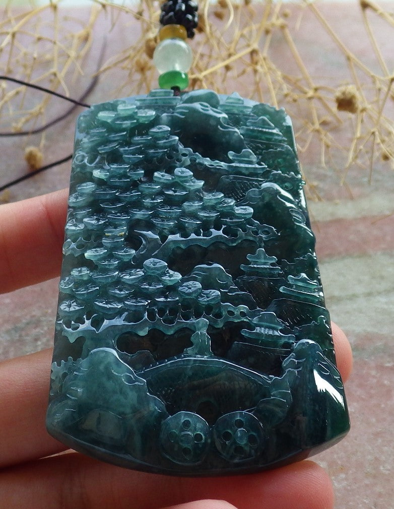 Atestita Glacia Blua Akvo Birmo 100% Natura A Jadejadeito Pendilo Pejzaĝa Pentrado Arba Koliero 山水画 637800 TN