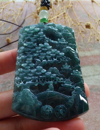 Atestita Glacia Blua Akvo Birmo 100% Natura A Jadejadeito Pendilo Pejzaĝa Pentrado Arba Koliero 山水画 637800 TN