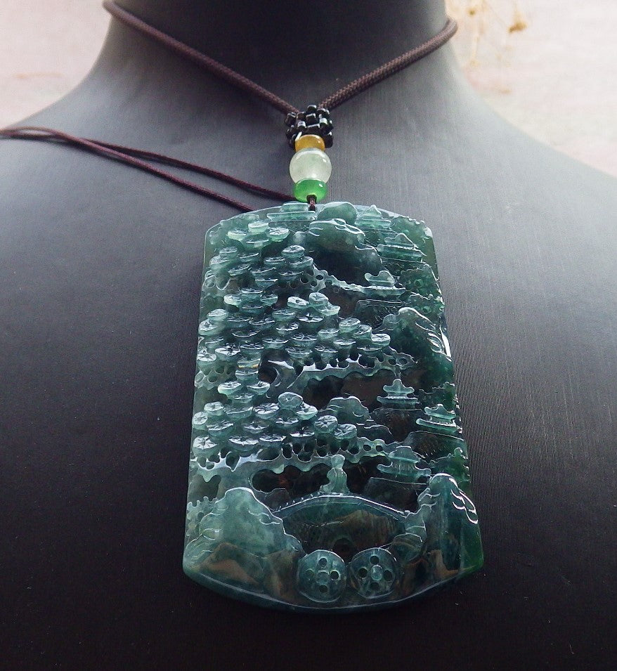 Atestita Glacia Blua Akvo Birmo 100% Natura A Jadejadeito Pendilo Pejzaĝa Pentrado Arba Koliero 山水画 637800 TN